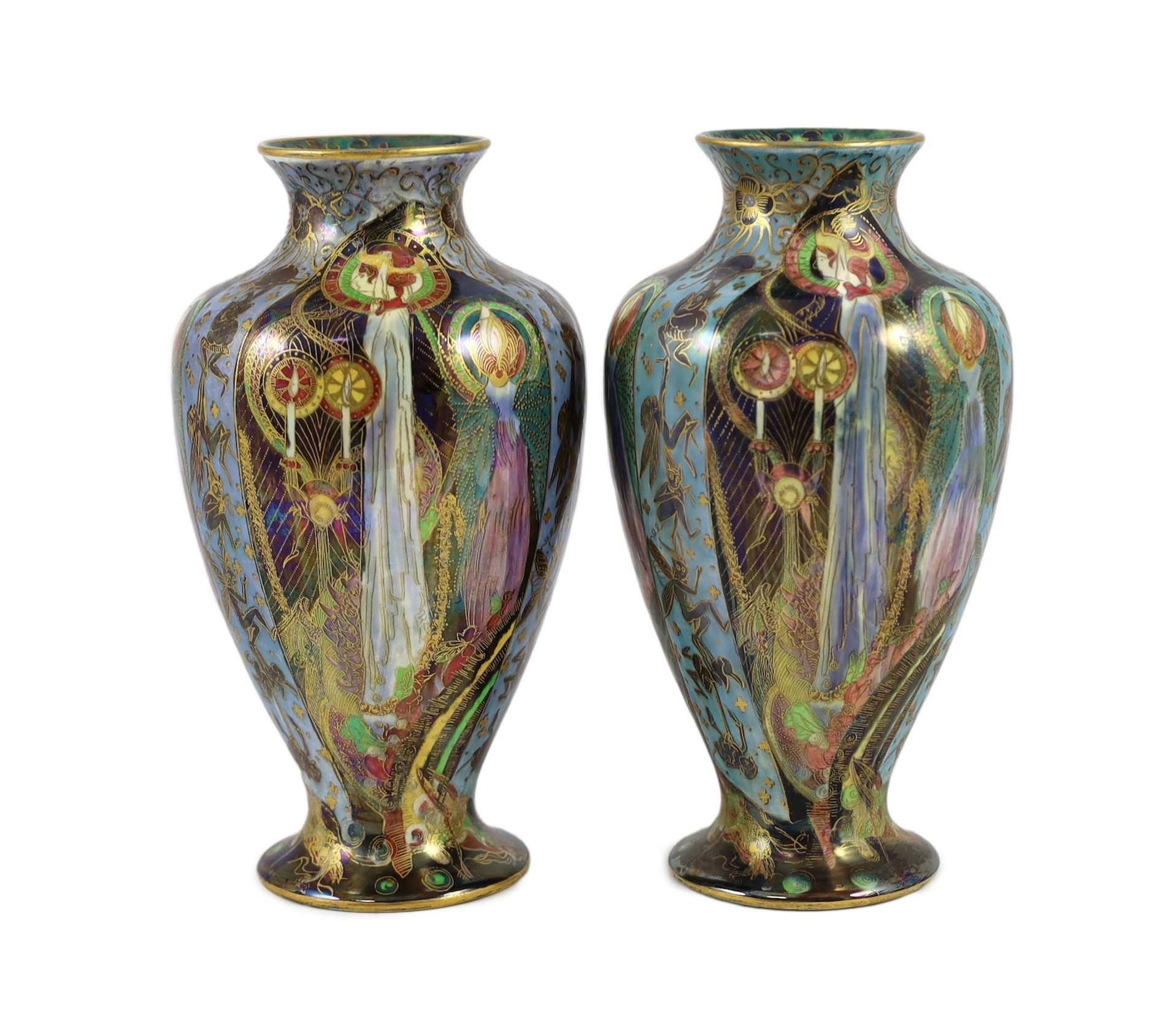 N.B. RESTORATION TO ONE VASE A pair of Wedgwood ’Candlemas’ Fairyland lustre vases, designed by Daisy Makeig-Jones, 21.5cm high